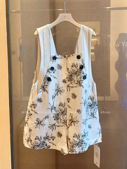 2024 spring and summer new age-reducing cotton and linen jumpsuit women's wide-leg high-quality casual printed temperament overalls
