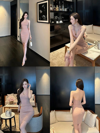 SX Shanxi high-end knitted halterneck dress V-neck slim waist slimming backless sexy hip-covering short skirt