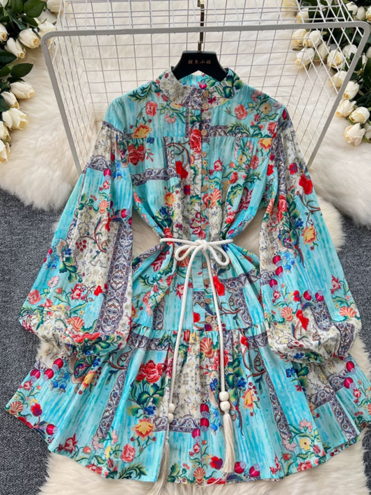 European and American niche retro print dress women's fashionable long-sleeved stand-up collar single-breasted waist style ruffle skirt