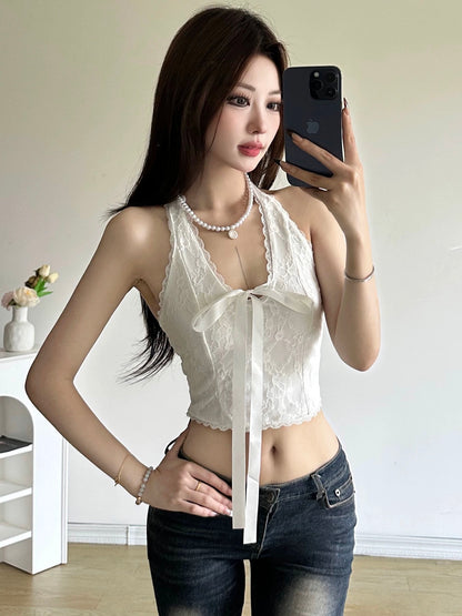 Amyway Pure Desire White Retro Lace Spliced Halter Vest Suspender Bow Tie V Neck Backless Top