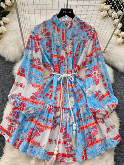 European and American niche retro print dress women's fashionable long-sleeved stand-up collar single-breasted waist style ruffle skirt