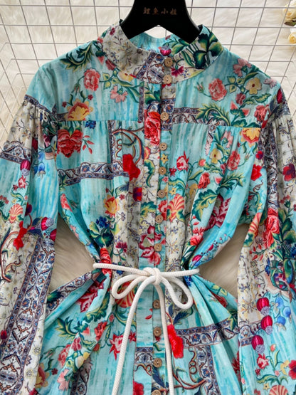 European and American niche retro print dress women's fashionable long-sleeved stand-up collar single-breasted waist style ruffle skirt