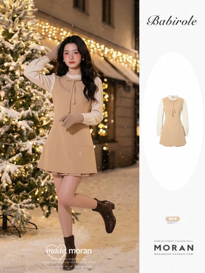 inspired high-end faux two-piece Peter Pan collar base dress for women, perfect for autumn and winter, paired with a coat and a short skirt underneath for petite women.
