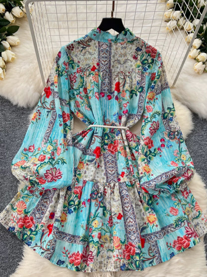 European and American niche retro print dress women's fashionable long-sleeved stand-up collar single-breasted waist style ruffle skirt