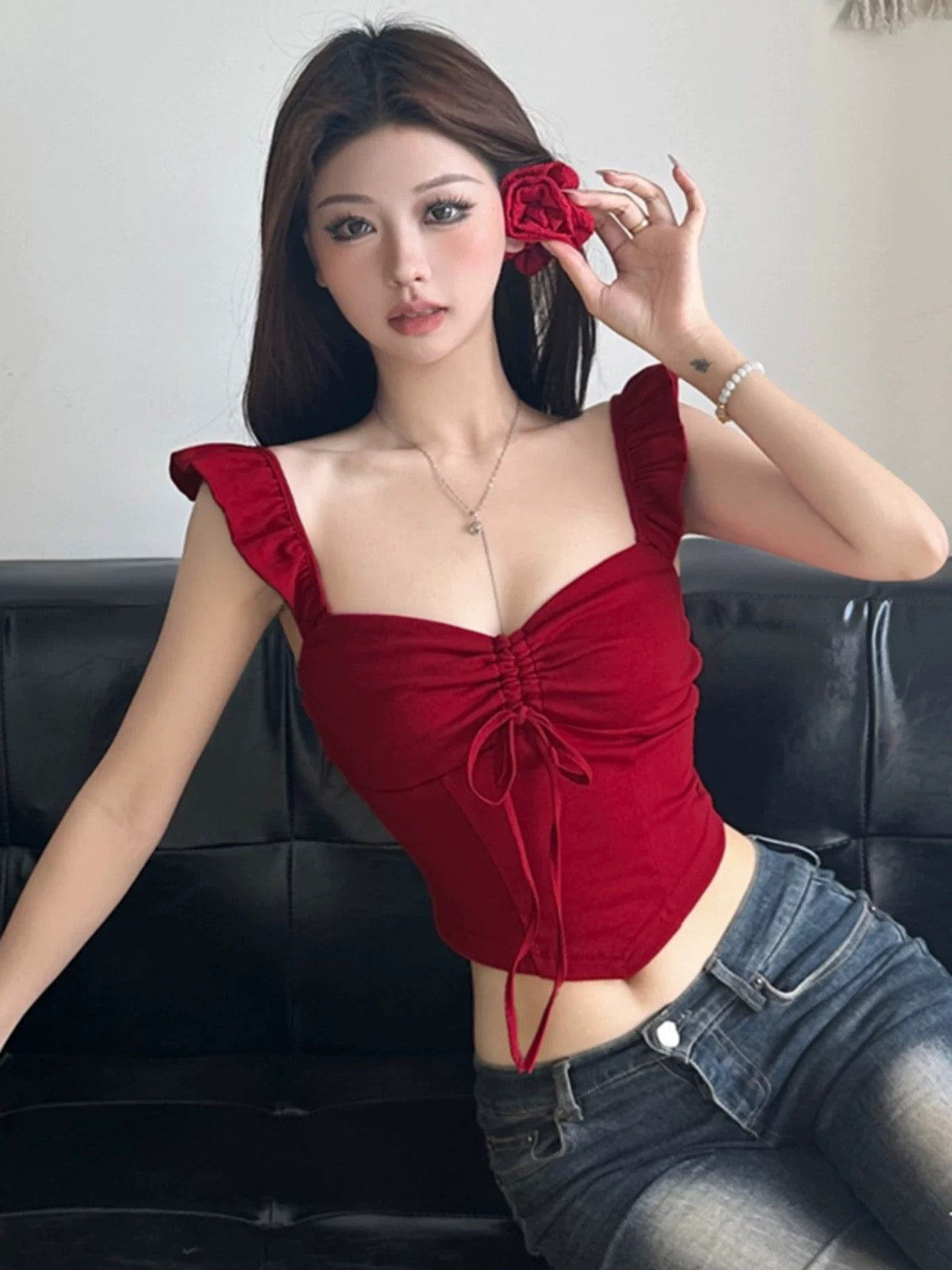Amyway【Brilliant Wine Heart】French red chic small flying sleeves knitted short-sleeved lace-up retro top for women