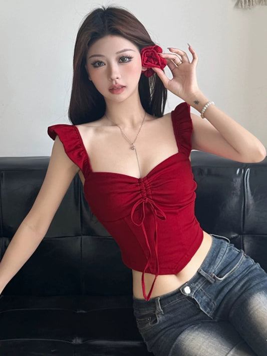Amyway【Brilliant Wine Heart】French red chic small flying sleeves knitted short-sleeved lace-up retro top for women