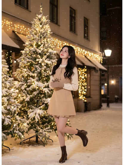 inspired high-end faux two-piece Peter Pan collar base dress for women, perfect for autumn and winter, paired with a coat and a short skirt underneath for petite women.