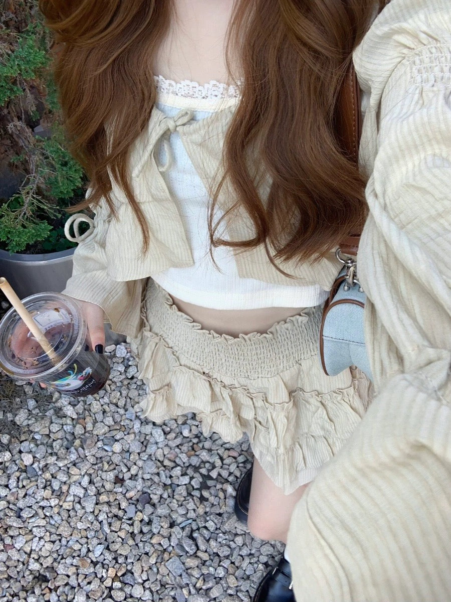Tulip Back Garden Strap Puff Sleeve Short Top Cake Skirt Early Spring Wear Miu Slim Suit 2024