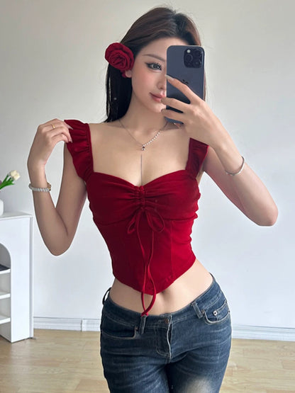Amyway【Brilliant Wine Heart】French red chic small flying sleeves knitted short-sleeved lace-up retro top for women