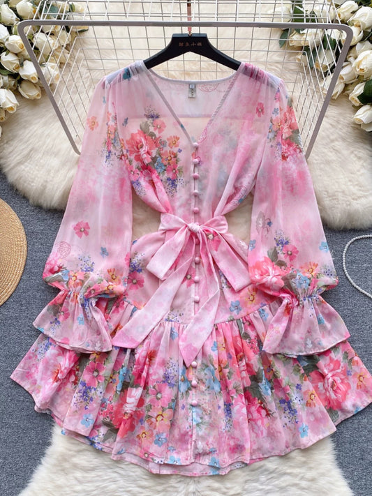 Flower series high-end small dress for socialites high-end niche printed ruffle skirt short dress dress for women