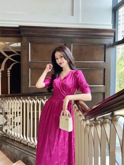Haute Couture [Strelitzia reginae] Tencel Dark Pattern Jacquard Phoenix Satin Dress Women's Summer Lace Tea Break Dress