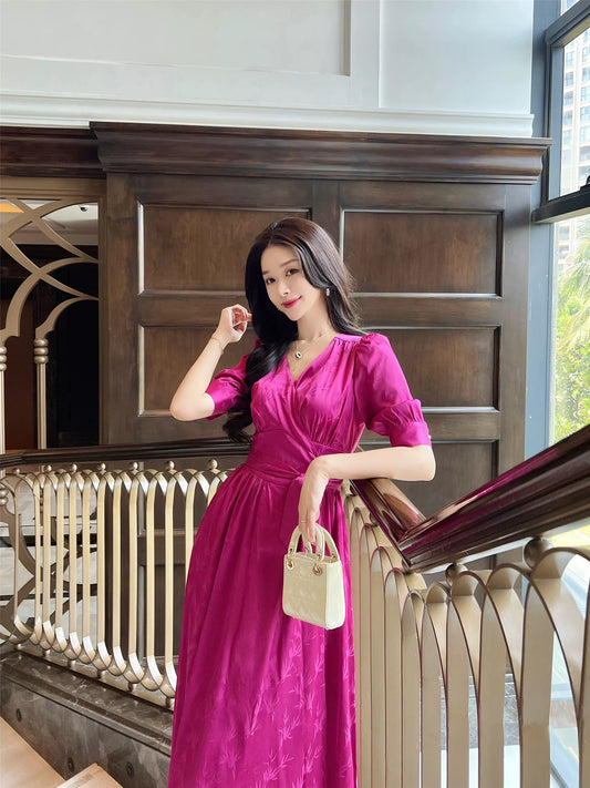 Haute Couture [Strelitzia reginae] Tencel Dark Pattern Jacquard Phoenix Satin Dress Women's Summer Lace Tea Break Dress
