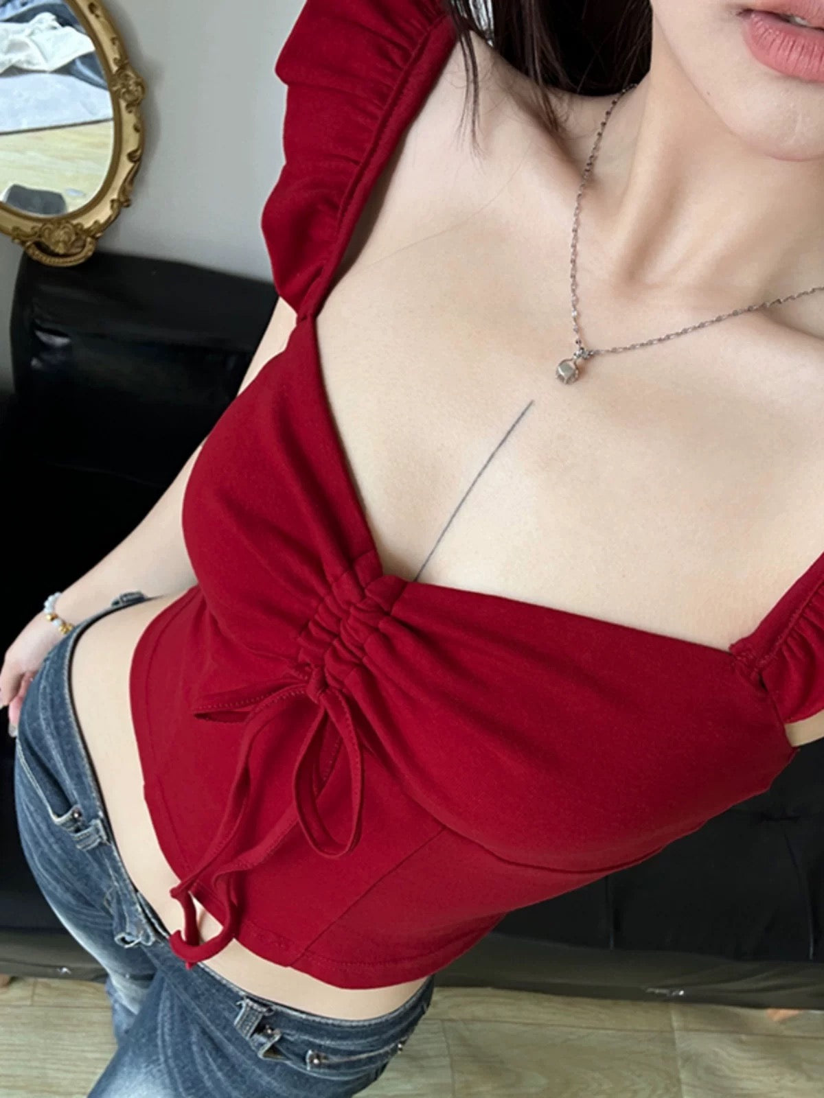 Amyway【Brilliant Wine Heart】French red chic small flying sleeves knitted short-sleeved lace-up retro top for women