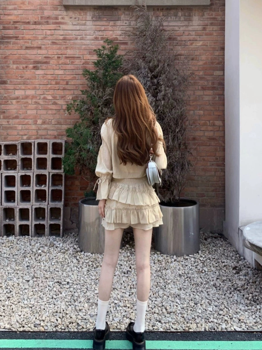 Tulip Back Garden Strap Puff Sleeve Short Top Cake Skirt Early Spring Wear Miu Slim Suit 2024