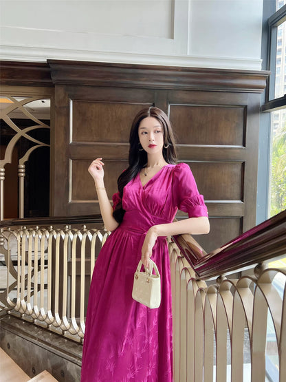 Haute Couture [Strelitzia reginae] Tencel Dark Pattern Jacquard Phoenix Satin Dress Women's Summer Lace Tea Break Dress
