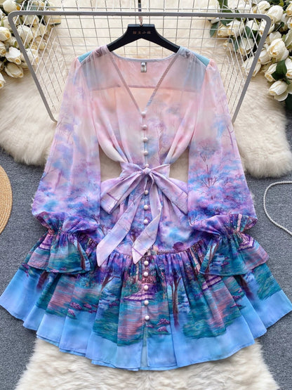 Flower series high-end small dress for socialites high-end niche printed ruffle skirt short dress dress for women