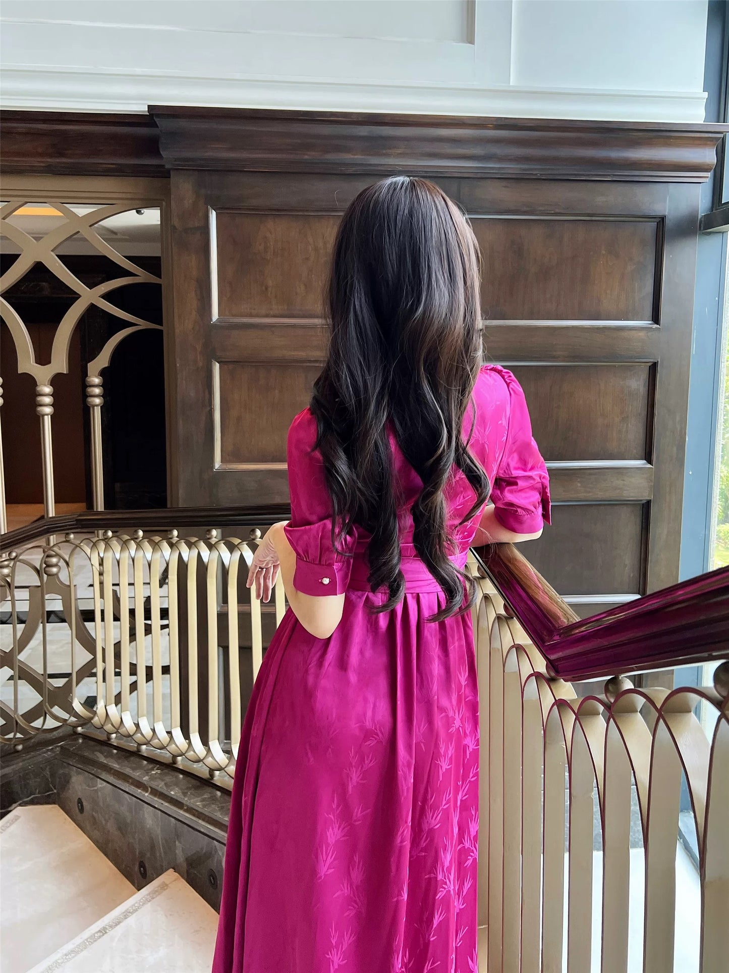 Haute Couture [Strelitzia reginae] Tencel Dark Pattern Jacquard Phoenix Satin Dress Women's Summer Lace Tea Break Dress