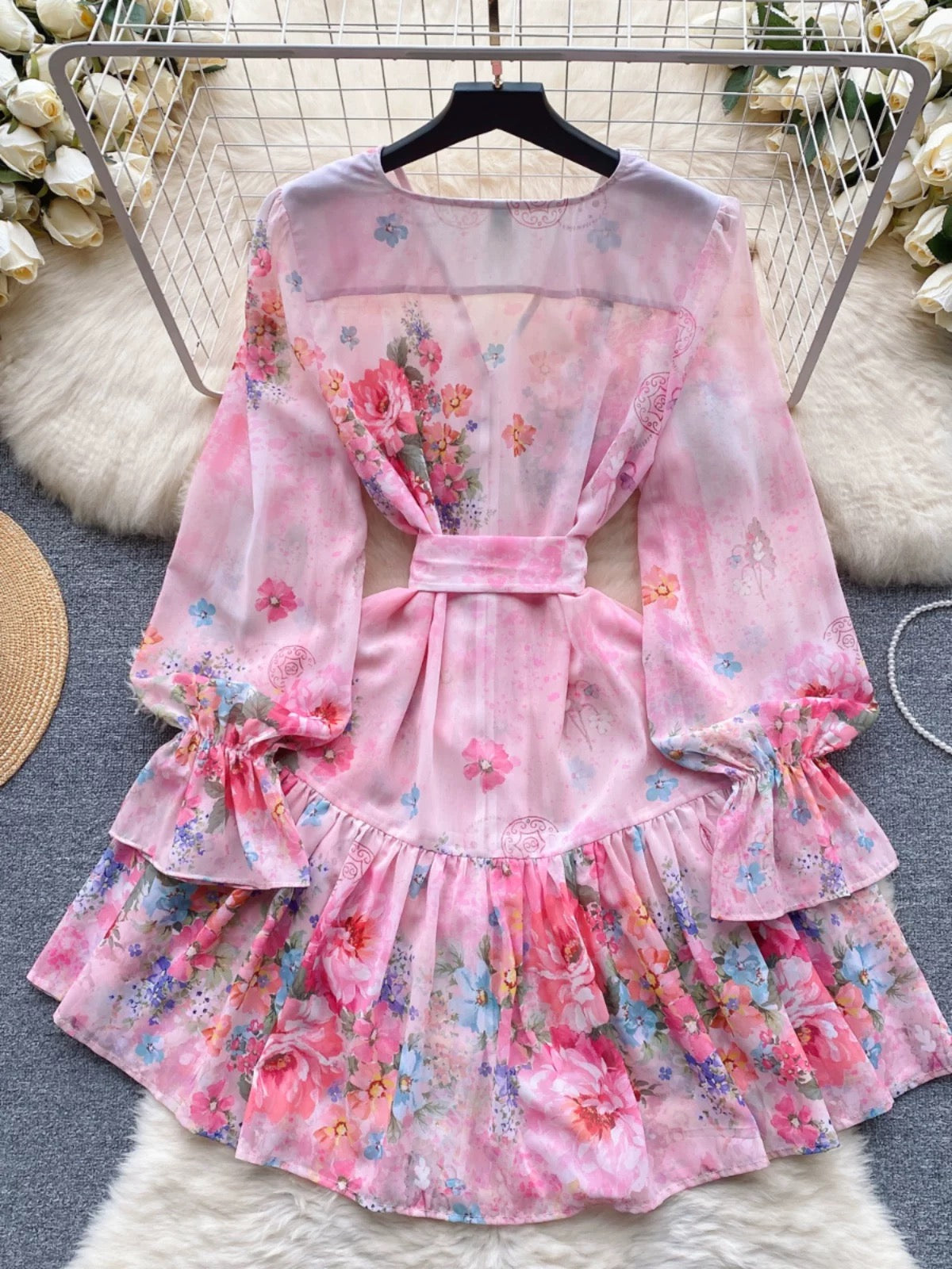 Flower series high-end small dress for socialites high-end niche printed ruffle skirt short dress dress for women