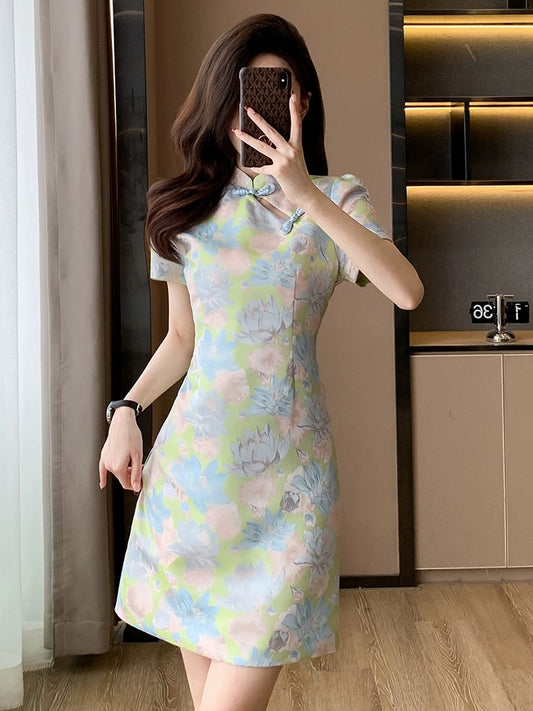 Summer new new Chinese style women's small national style retro improved cheongsam high-end waist slimming dress