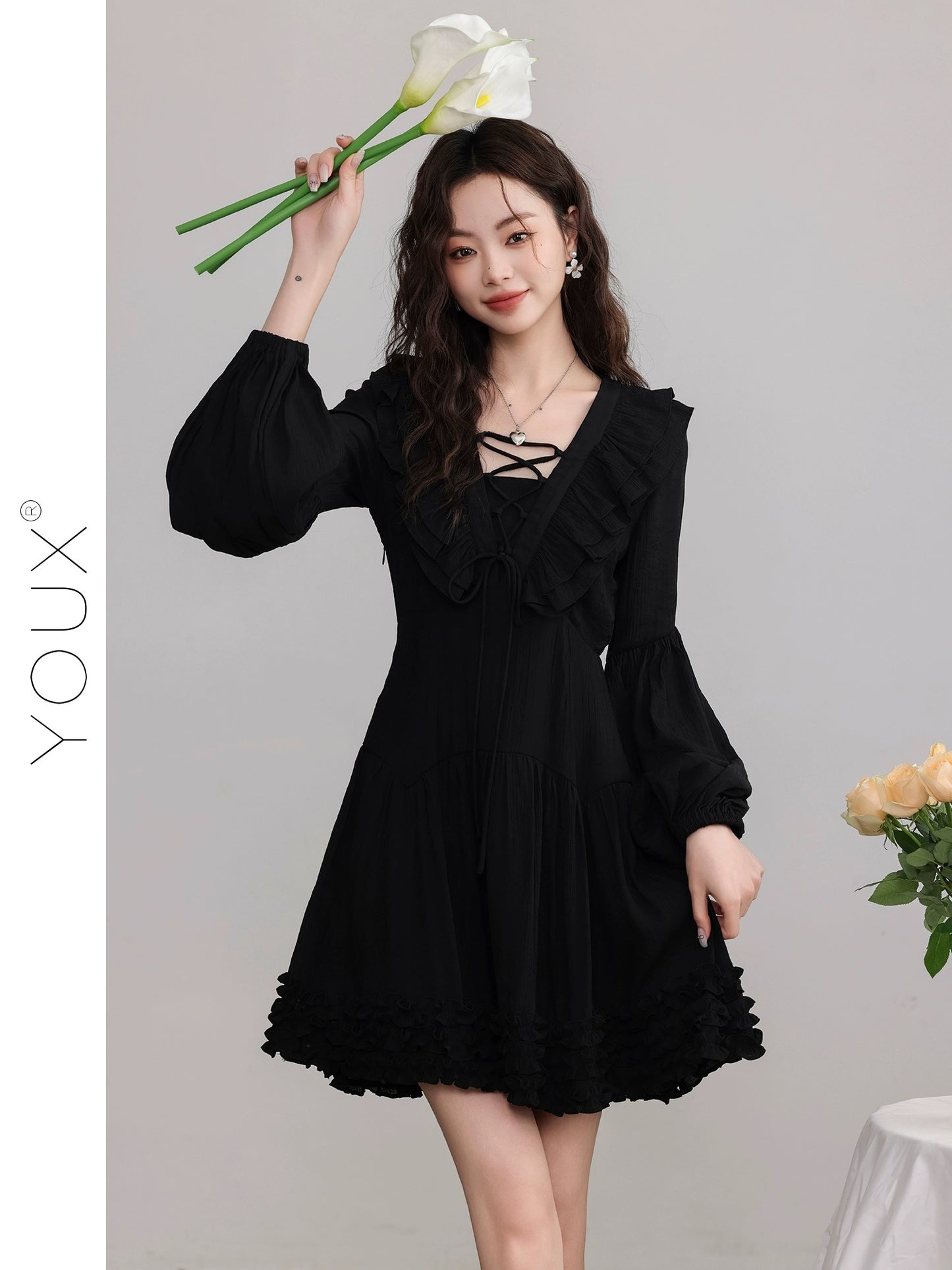 YOUX [Late Drunk in Bordeaux] Black Dress Women's 2024 Spring New French Style Square Neck A-Line Short Skirt