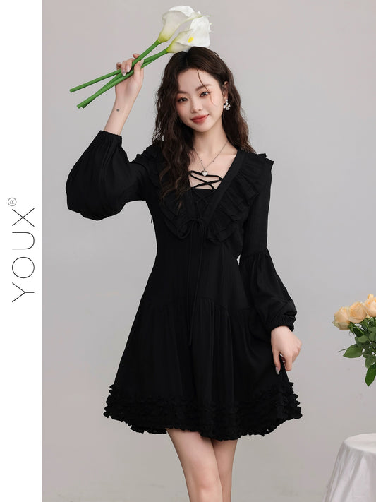 YOUX [Late Drunk in Bordeaux] Black Dress Women's 2024 Spring New French Style Square Neck A-Line Short Skirt