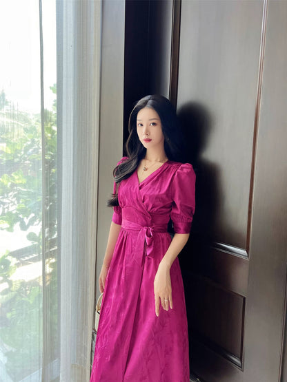 Haute Couture [Strelitzia reginae] Tencel Dark Pattern Jacquard Phoenix Satin Dress Women's Summer Lace Tea Break Dress