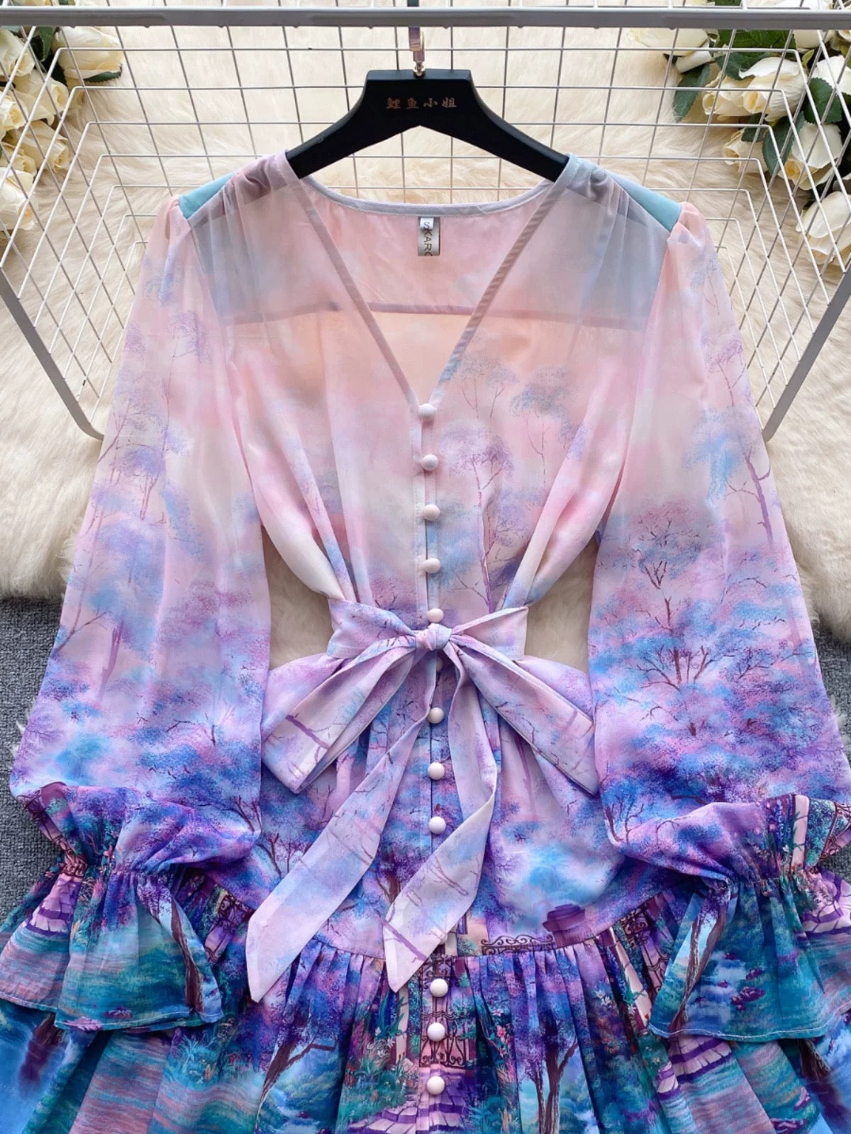 Flower series high-end small dress for socialites high-end niche printed ruffle skirt short dress dress for women
