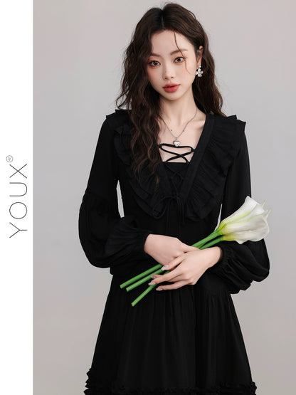 YOUX [Late Drunk in Bordeaux] Black Dress Women's 2024 Spring New French Style Square Neck A-Line Short Skirt
