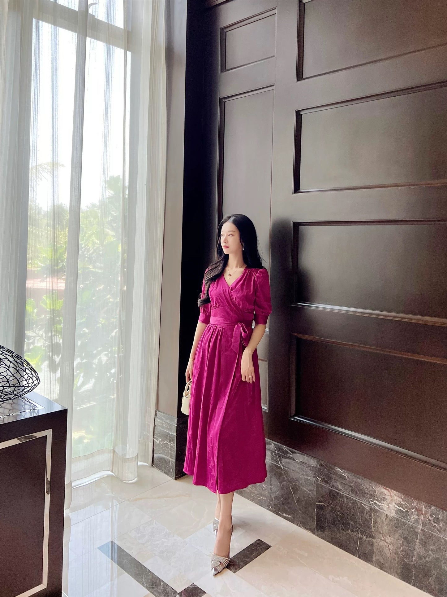 Haute Couture [Strelitzia reginae] Tencel Dark Pattern Jacquard Phoenix Satin Dress Women's Summer Lace Tea Break Dress