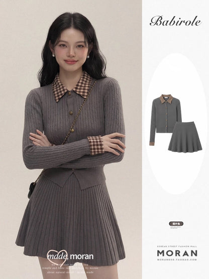 Sophisticated-inspired two-piece set: plaid polo collar fitted knit top and pleated skirt, perfect for autumn and winter.