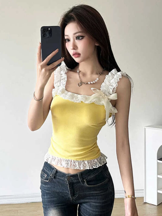 Amyway Pure Desire Hot Girl Lace Contrast Color Short Camisole Female Slim Bow Fungus Lace All-match Top