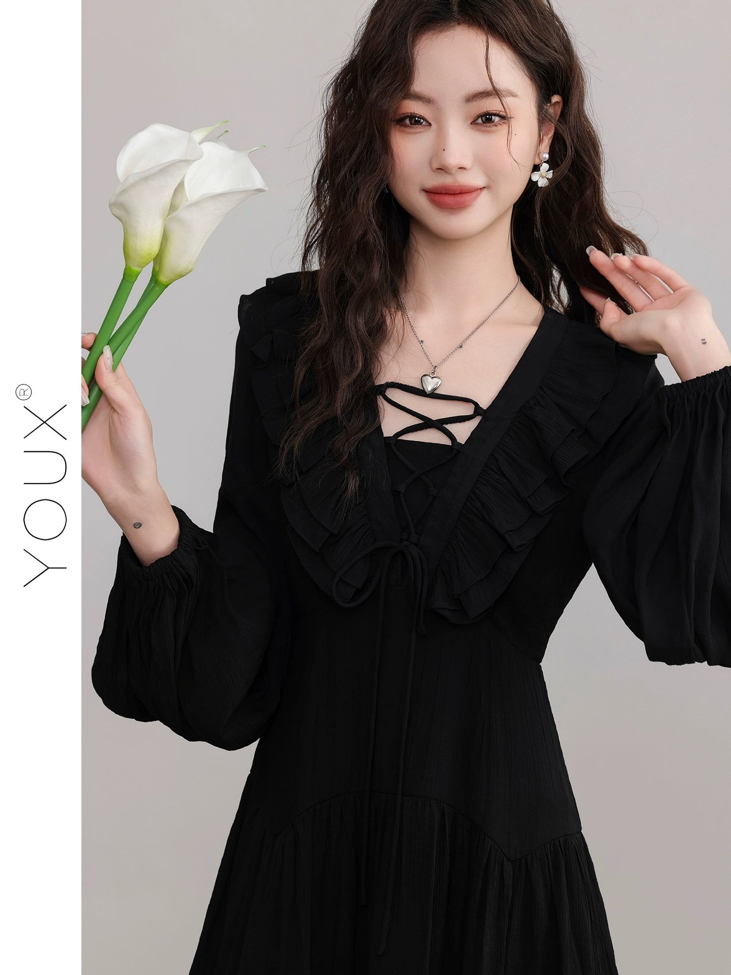 YOUX [Late Drunk in Bordeaux] Black Dress Women's 2024 Spring New French Style Square Neck A-Line Short Skirt
