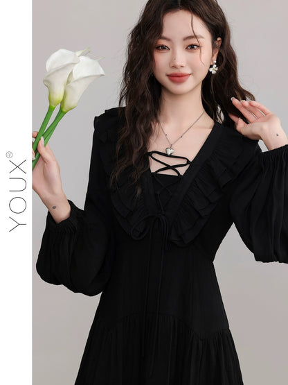 YOUX [Late Drunk in Bordeaux] Black Dress Women's 2024 Spring New French Style Square Neck A-Line Short Skirt