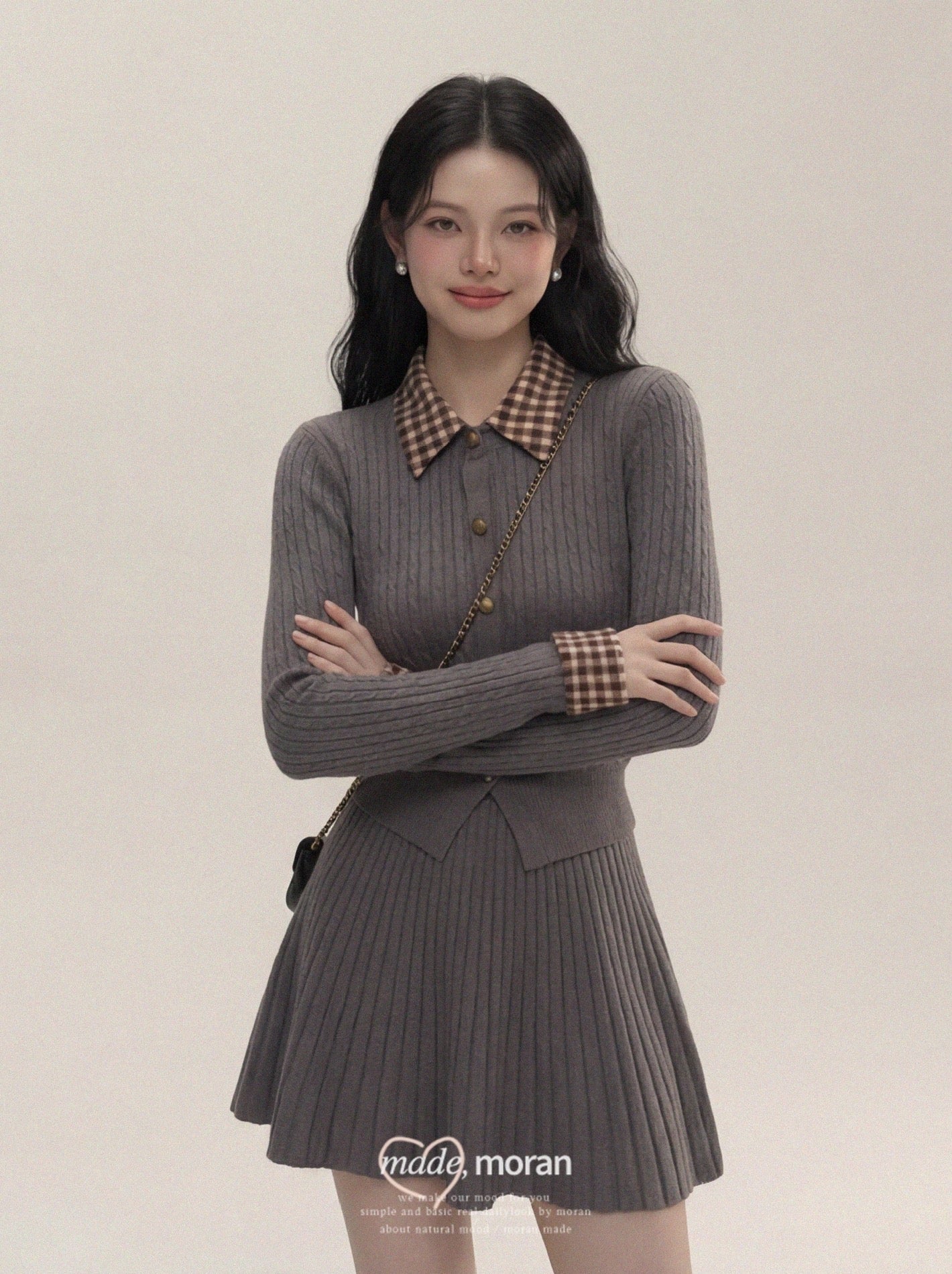 Sophisticated-inspired two-piece set: plaid polo collar fitted knit top and pleated skirt, perfect for autumn and winter.