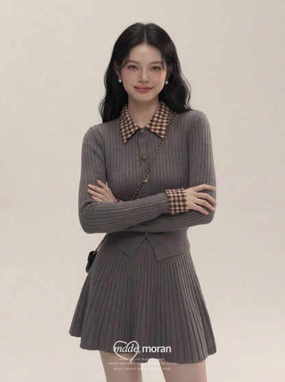 Sophisticated-inspired two-piece set: plaid polo collar fitted knit top and pleated skirt, perfect for autumn and winter.