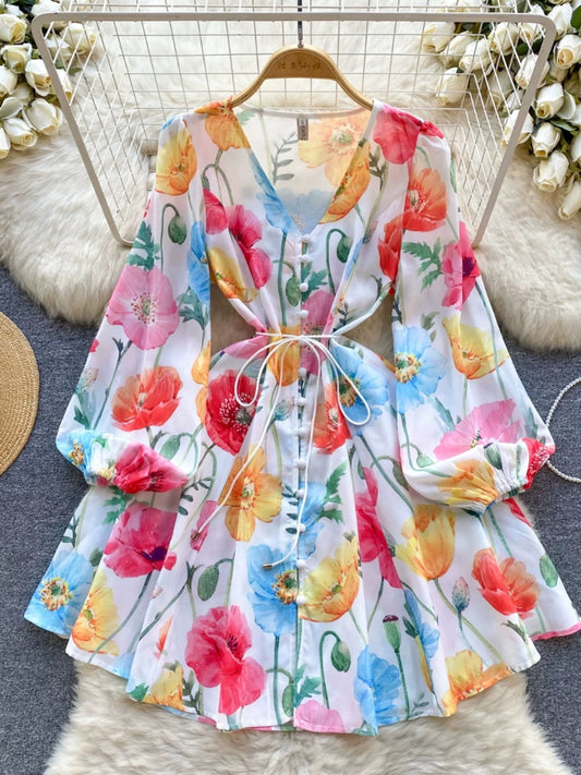 Blossom Series Resort Style Dress Spring Women's French Puff Sleeve Slim Short Elegant Little Dress
