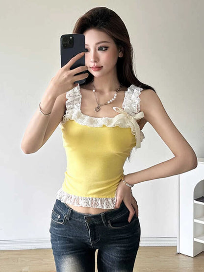 Amyway Pure Desire Hot Girl Lace Contrast Color Short Camisole Female Slim Bow Fungus Lace All-match Top
