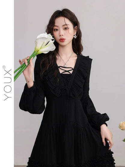 YOUX [Late Drunk in Bordeaux] Black Dress Women's 2024 Spring New French Style Square Neck A-Line Short Skirt