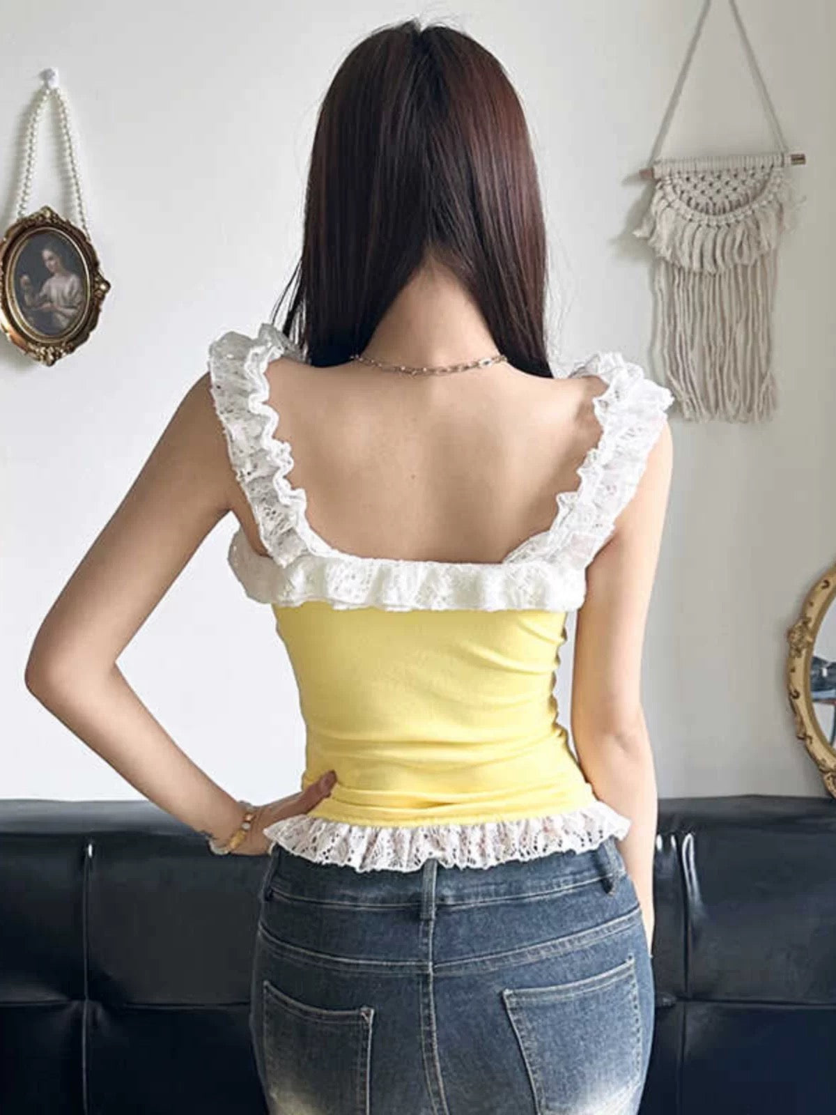 Amyway Pure Desire Hot Girl Lace Contrast Color Short Camisole Female Slim Bow Fungus Lace All-match Top