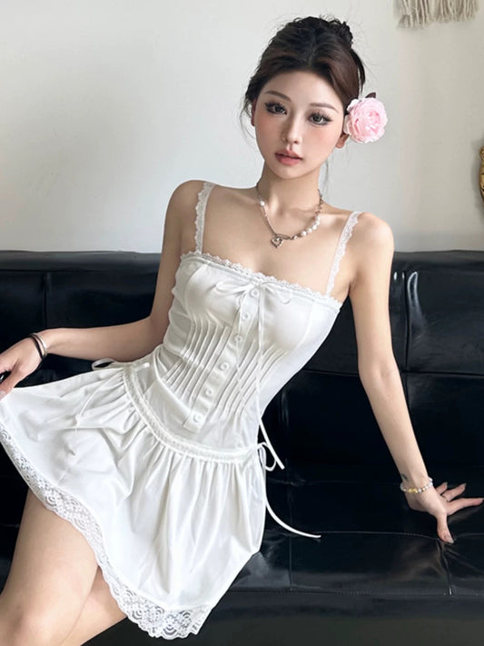 Amyway pure lust style retro white lace bow tie suspender skirt French A-line splicing small white skirt for women