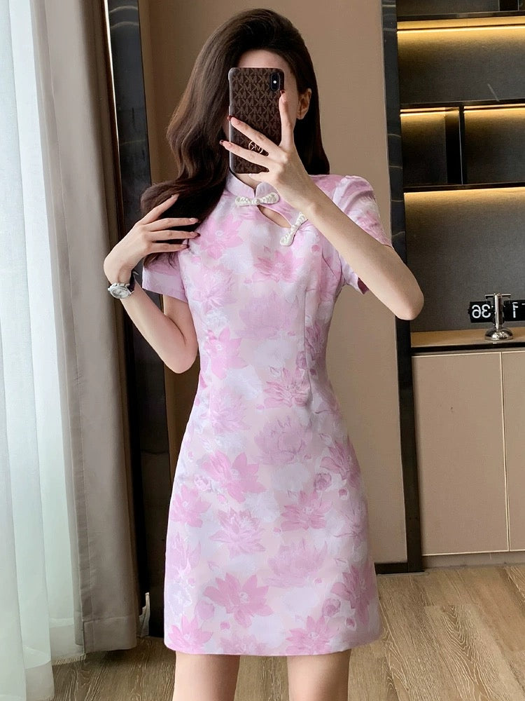 New Chinese style improved cheongsam dress for women summer new pink French buckle slim skirt for small people