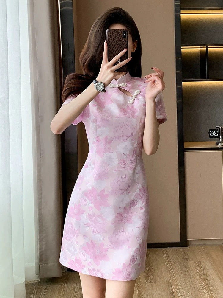 New Chinese style improved cheongsam dress for women summer new pink French buckle slim skirt for small people