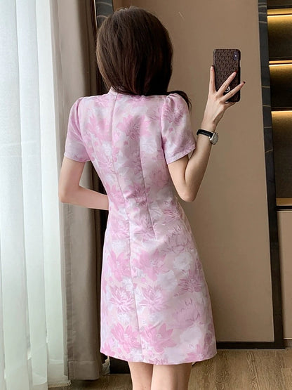 New Chinese style improved cheongsam dress for women summer new pink French buckle slim skirt for small people