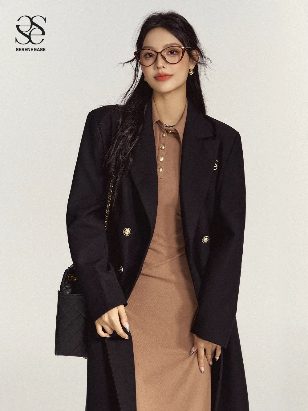 SereneEase early autumn long POLO collar retro dress high-end two-color knitted long skirt for women
