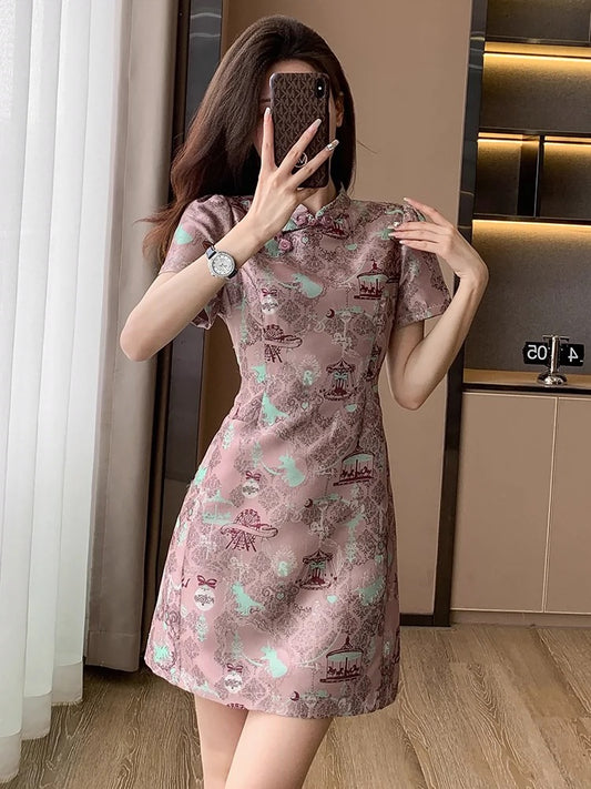 Pink new Chinese style age-reducing improved cheongsam short skirt summer new small high-end national style dress