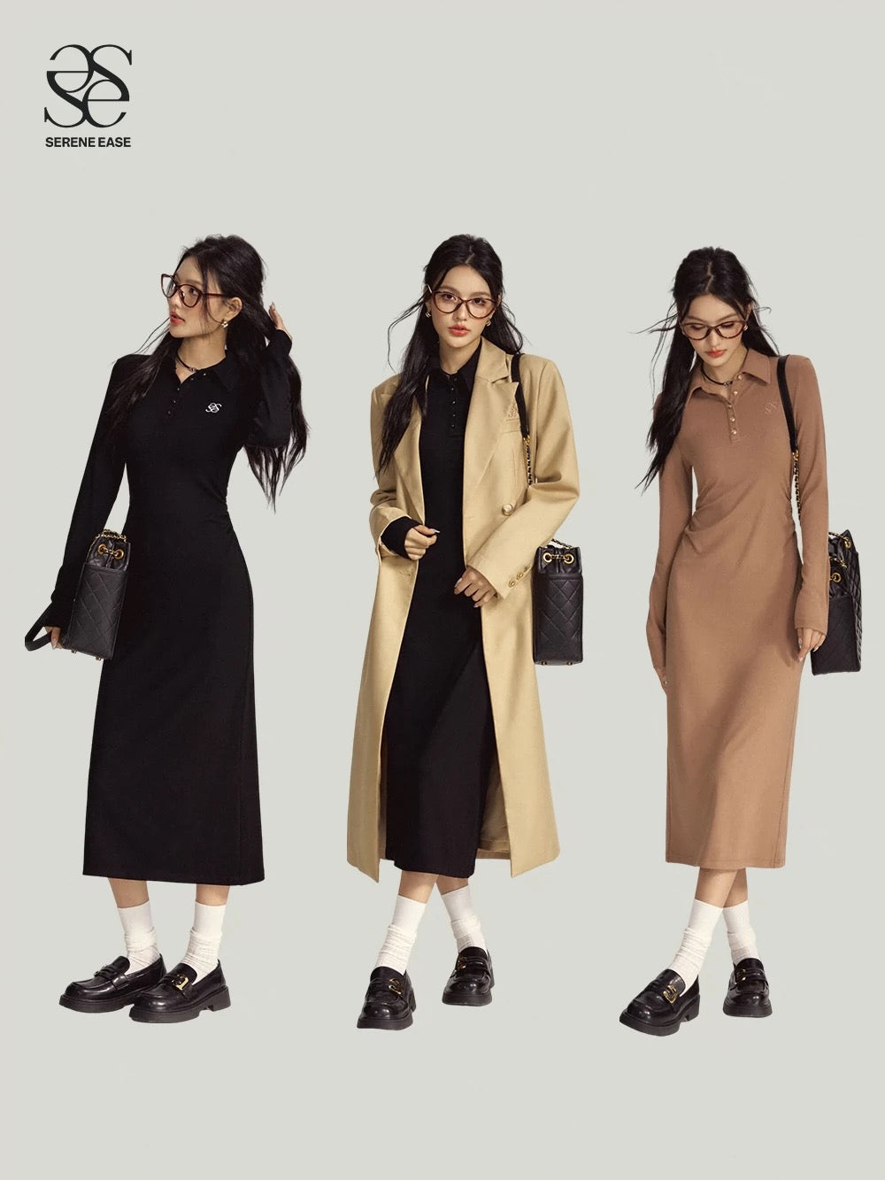 SereneEase early autumn long POLO collar retro dress high-end two-color knitted long skirt for women