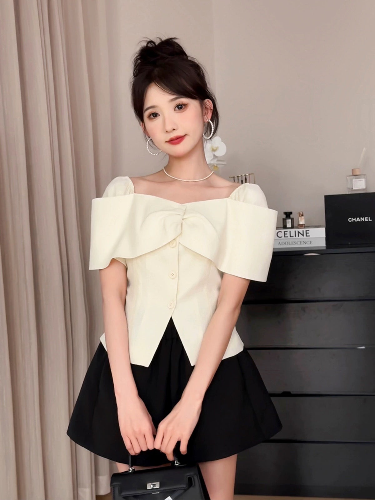 A roasted goose boy one-shoulder shirt women's lotus leaf waist top roasted goose family women's white French clothes