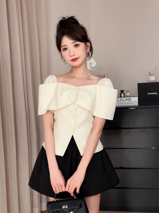 A roasted goose boy one-shoulder shirt women's lotus leaf waist top roasted goose family women's white French clothes