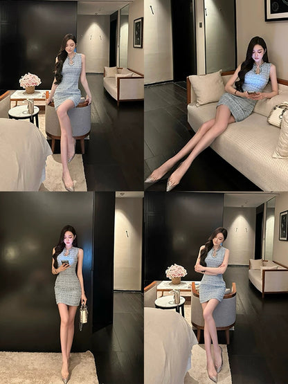 SX Shanxi Retro French Water Drop U-neck Small Fragrant Dress Feminine Socialite Light Mature Slim Sexy Hip Skirt