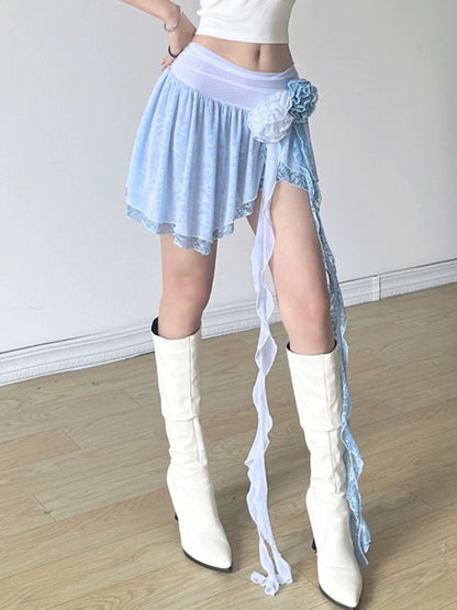 Amyway retro three-dimensional rose print tassel skirt for women, ribbons, irregular hem, sexy A-line skirt